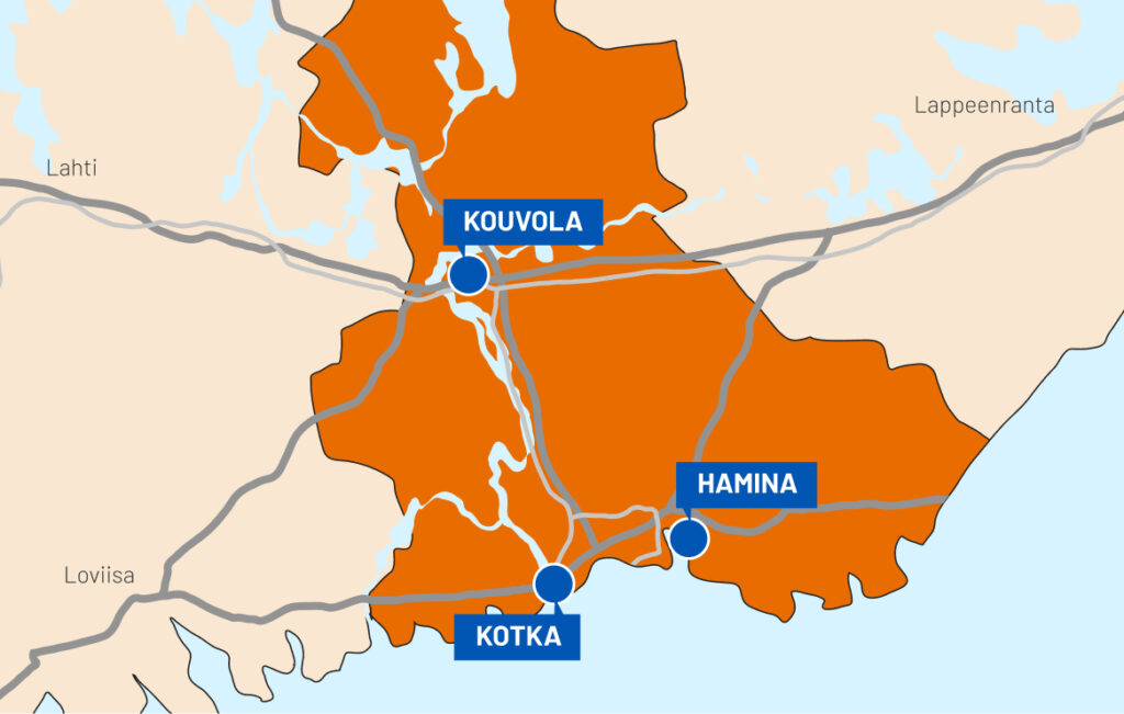 Toiminta-aluekartta: palvelemme Kotkan, Haminan ja Kouvolan alueilla